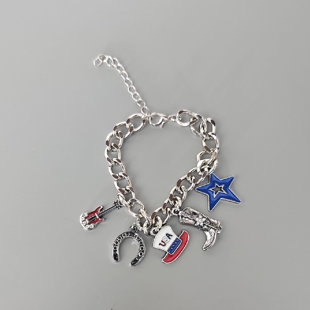 Paparazzi Silver Charm Bracelet with Red, Blue, and Black Accents